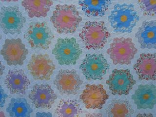 Vtg Hand Stitched Grandmothers Flower Garden Cotton Quilt Top Feedsack Fabric