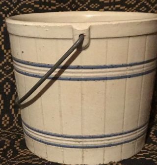 Antique Primitive Blue & White Stoneware Bucket Pail With Metal Handle Aafa