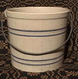 Antique Primitive Blue & White Stoneware Bucket Pail With Metal Handle AAFA 2