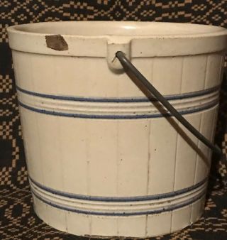 Antique Primitive Blue & White Stoneware Bucket Pail With Metal Handle AAFA 3