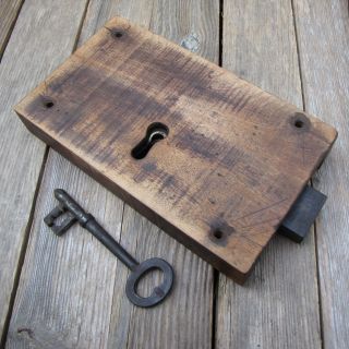 Antique Large Oak Door Lock With Key
