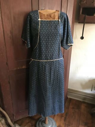 Best Early Antique Blue Calico Handmade Ladies Farm Dress Textile Aafa