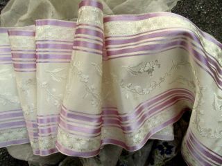 Antique French Pure Silk Damask Ribbon Trim Pale Lilac Stripe Off - White Flowers