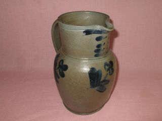Antique 19th C Stoneware Flower Clover Decorated Small Maryland Pitcher 8 7/8 "