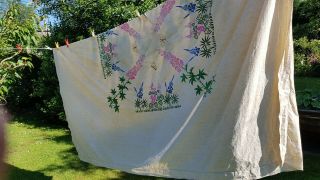 Large Vintage Floral Hand Embroidered Cream Irish Linen Tablecloth / Coverlet