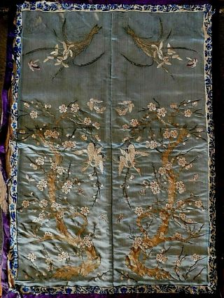 Antique Finely Embroidered Chinese Silk Panel Cranes /butterflies /flowers /tree