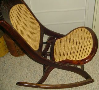 Vintage SOLID Wood Caned Back & Seat Rocker Rocking Chair Carved Flower Back 2