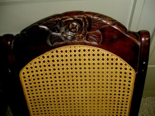 Vintage SOLID Wood Caned Back & Seat Rocker Rocking Chair Carved Flower Back 3
