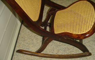 Vintage SOLID Wood Caned Back & Seat Rocker Rocking Chair Carved Flower Back 4
