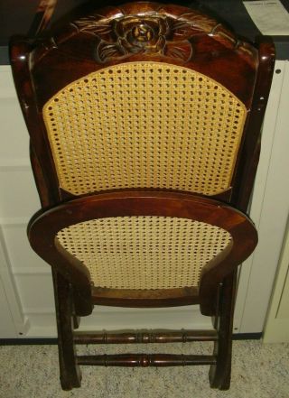 Vintage SOLID Wood Caned Back & Seat Rocker Rocking Chair Carved Flower Back 5