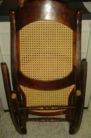 Vintage SOLID Wood Caned Back & Seat Rocker Rocking Chair Carved Flower Back 6