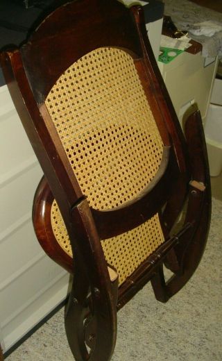 Vintage SOLID Wood Caned Back & Seat Rocker Rocking Chair Carved Flower Back 7