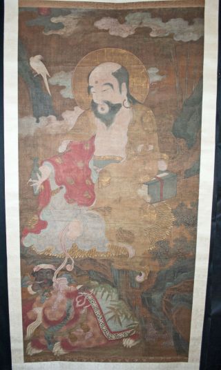 Antique Chinese Hanging Scroll Painting Watercolor - Immortals,  Lion - 19thc