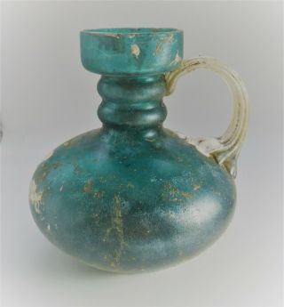 Ancient Roman Aqua Blue Glass Iridescent Vessel With Handle 200 - 300ad
