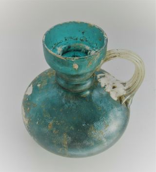 ANCIENT ROMAN AQUA BLUE GLASS IRIDESCENT VESSEL WITH HANDLE 200 - 300AD 2