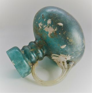 ANCIENT ROMAN AQUA BLUE GLASS IRIDESCENT VESSEL WITH HANDLE 200 - 300AD 3