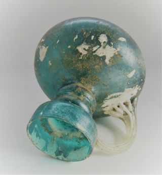 ANCIENT ROMAN AQUA BLUE GLASS IRIDESCENT VESSEL WITH HANDLE 200 - 300AD 4