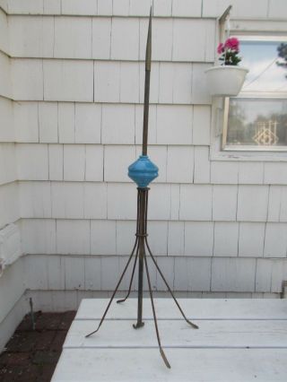 Antique Copper Lightning Rod 42 " & Ball Doorknob Blue Milk Glass Tripod Stand