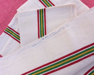 4 VINTAGE FRENCH LINEN METIS TORCHONS TEA TOWELS RED GREEN YELLOW STRIPES 2