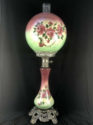 Antique Victorian Gone With The Wind Banquet Parlor Lamp Hand Painted 29” Tall