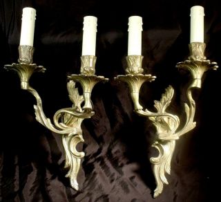 Vintage Pair Solid Gold Gilt Bronze Rococo Louis Xv1 Wall Lights Ormolu Set 2