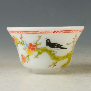 Chinese Glaze Handmade Painted Magpies & Plum Blosso Bowls W Qianlong Mark Gl776