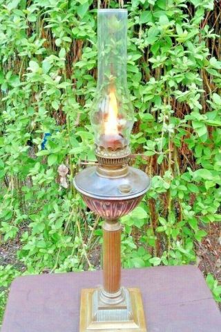 Vintage Brass & Copper Duplex Oil Lamp 25.  5 " Tall Good Order
