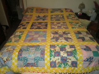 Vintage Hand Made Pieced Quilt 72 X 90 Stars & Squares Tied Yellow Multi Color 3