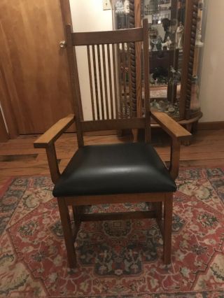 Solid Oak Arts And Crafts Arm Chair With Leather Cushion Mission Style