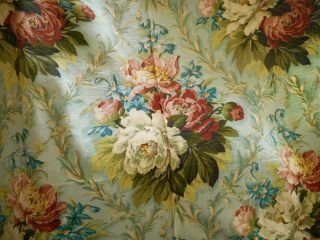 Antique Vintage Lg.  Peony Floral Barkcloth Fabric Aqua Rose Apricot Blue Olive 2