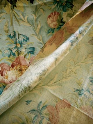 Antique Vintage Lg.  Peony Floral Barkcloth Fabric Aqua Rose Apricot Blue Olive 4