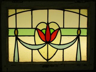 MIDSIZE OLD ENGLISH LEADED STAINED GLASS WINDOW Pretty Floral Swag 25 
