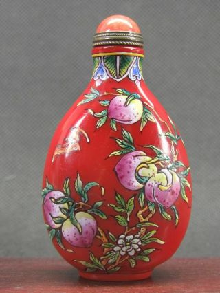 Chinese Plum Blossom Bat Peach Hand Painted Peking Enamel Glass Snuff Bottle