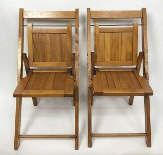 Set 2 Vintage Child Wooden Wood Folding Chairs Antique Kids Children Slat Seats