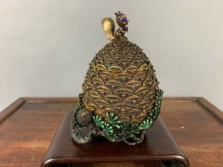 19th/20th C.  Chinese 800 Silver Vermeil Filigree And Enamel Figural Pinecone Tri