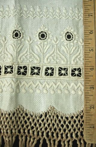 Antique Linen Towel 44x22 ",  8 " Knotted Fringe 6 " Bands Embroidery,  Cutwork