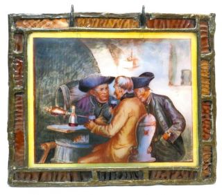 Rare Late 18th C Antique Hand Painted Stained Glass Leaded Panel Of 3 Men In Pub