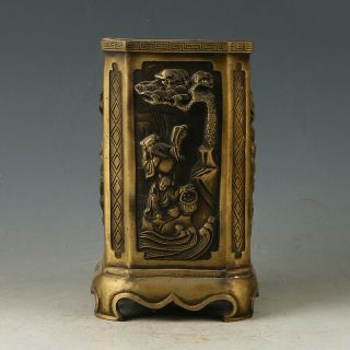 Chinese Brass Handmade Carved Old Man&pine Tree Brush Pot W Qianlong Mark Gl690