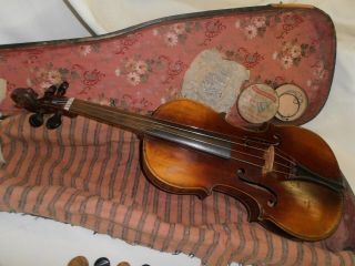 Antique Violin W/bow Black Wood Case In Orig.  As Found