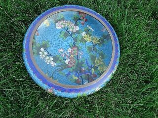 LARGE ANTIQUE CHINESE CLOISONNE BOWL WITH FLOWERS AND WOODEN STAND MARKED 10