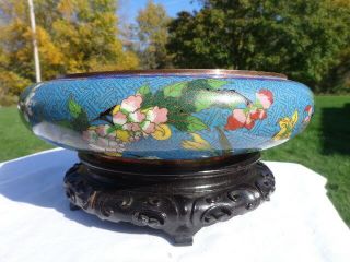 LARGE ANTIQUE CHINESE CLOISONNE BOWL WITH FLOWERS AND WOODEN STAND MARKED 2