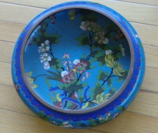 LARGE ANTIQUE CHINESE CLOISONNE BOWL WITH FLOWERS AND WOODEN STAND MARKED 4