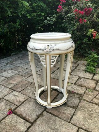 Vintage Mother Of Pearl Chinese Lacquer Round End Table / Side /table Lamp