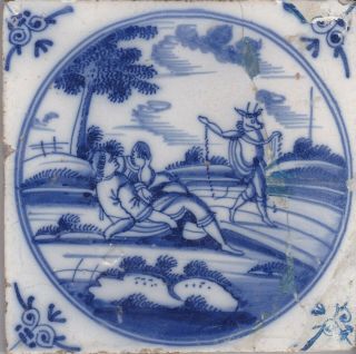 Delft Tile 18th - 19th Century (d 66) Lovers And Horned Figure