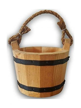 Wooden Bucket 8 " X 10 " Water Wishing Well Pail With Rope Twine Handle Solid W.