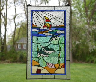 20 " X 34 " Dolphin Boat Seashore Beach Handcrafted Stained Glass Window Panel