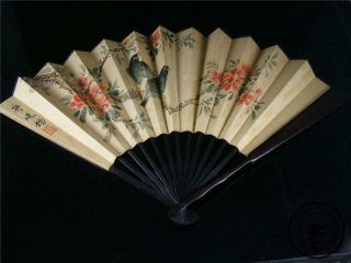 Fine Old Chinese Rosewood Frame Folding Fan Hand Painting Calligraphy Home Deco