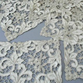 Set 5 Antique ITALIAN Embroidered Linen,  Point de Venise LACE Placemats FLOWERS 5