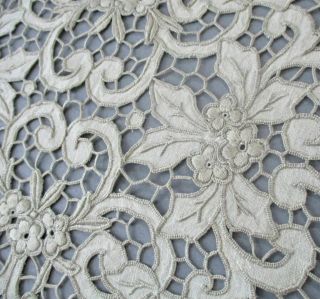 Set 5 Antique ITALIAN Embroidered Linen,  Point de Venise LACE Placemats FLOWERS 7