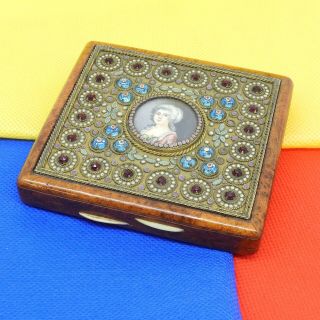 Gorgeous Antique Burr Walnut Stone Set Cigarette Case With Portrait Miniature